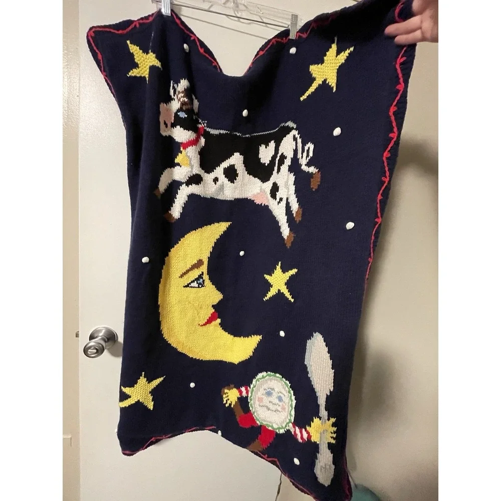 Vtg Hey Diddle Diddle Nursery Rhyme Knit Blanket 1998 Celestial Moon Ryme&reason